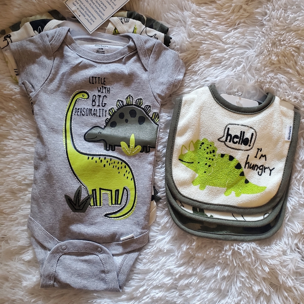 Gerber 0-3 month dinosaur onesies and bibs bundle